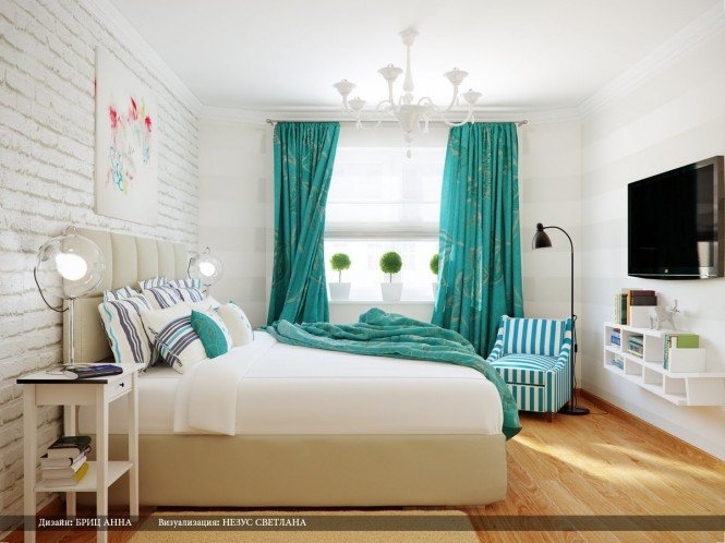 Turquoise white stripe bedroom