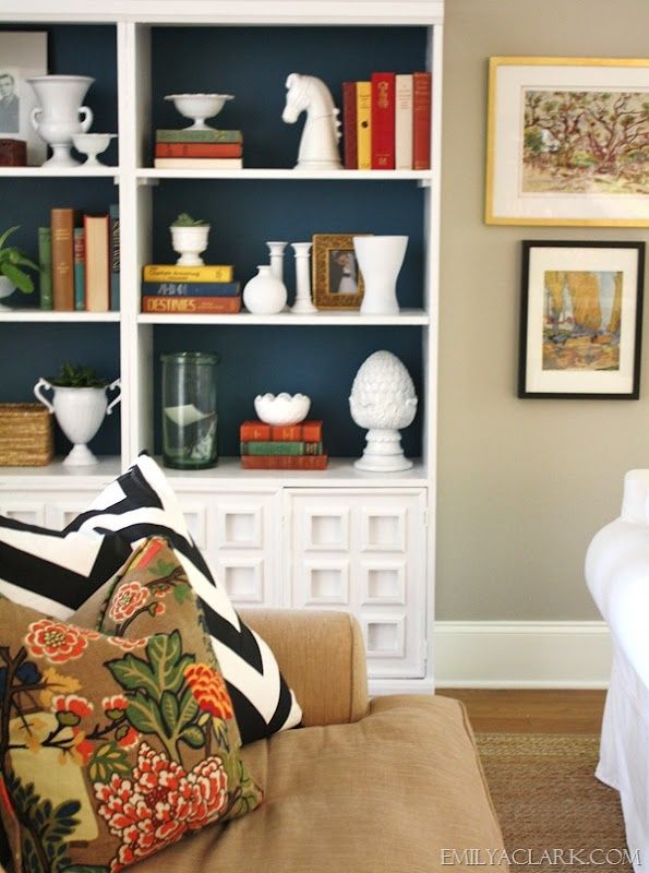 navy blue backed bookcases