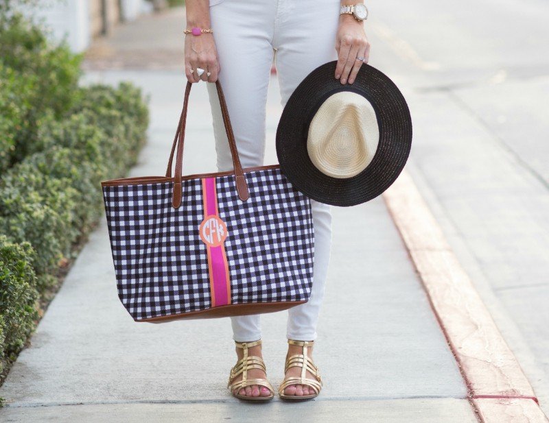 white with gingham bag