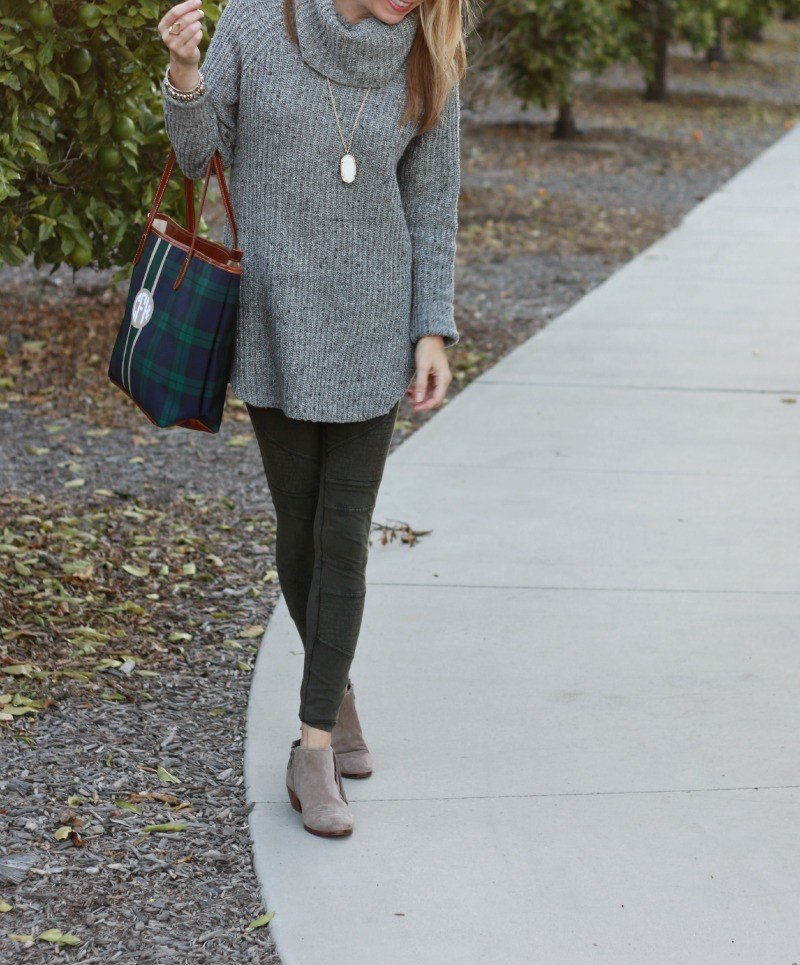 stretch pants and plaid bag