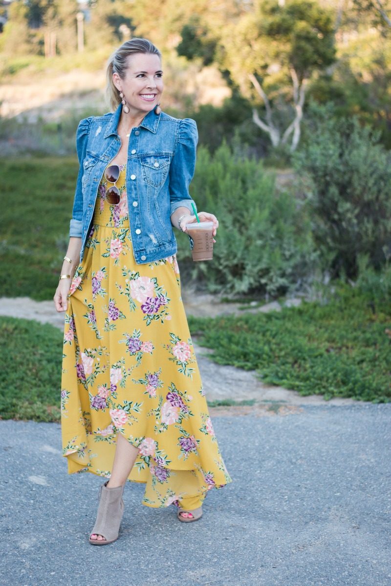 Spring Outfit: Floral Dress + Denim Jacket — bows & sequins | Printed  dresses fashion, Fashion outfits, Fashion