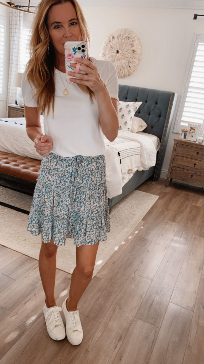 blue floral skirt