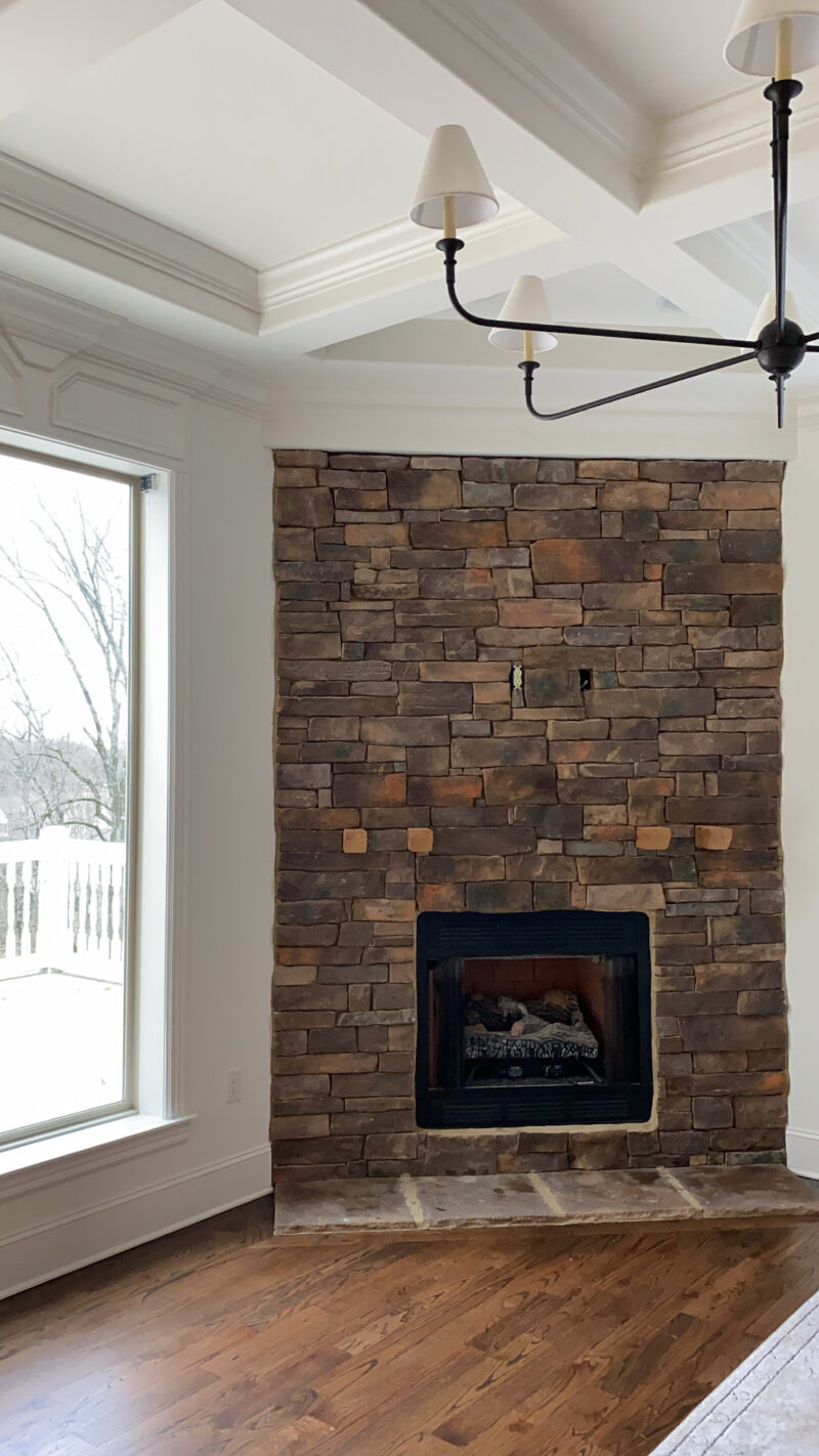 stacked stone fireplace