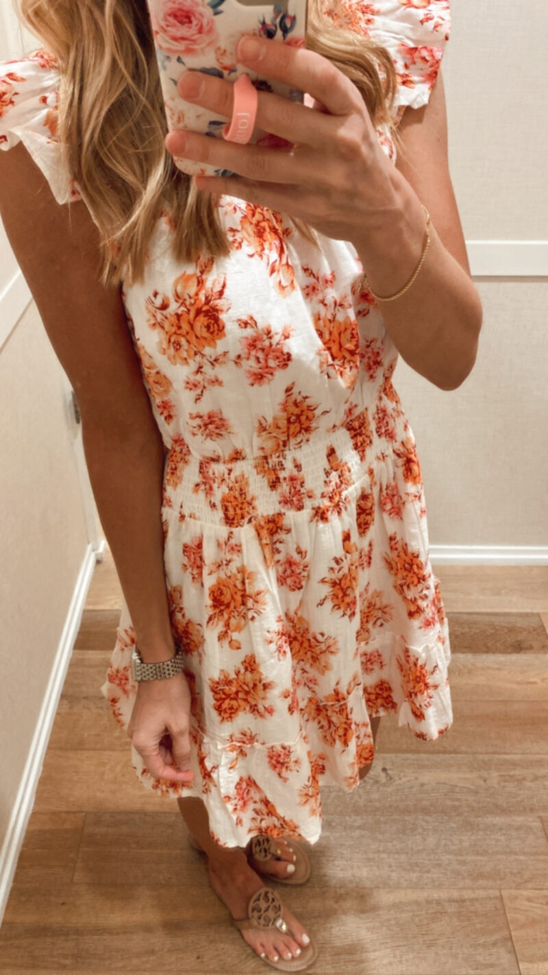 orange and pink floral dress