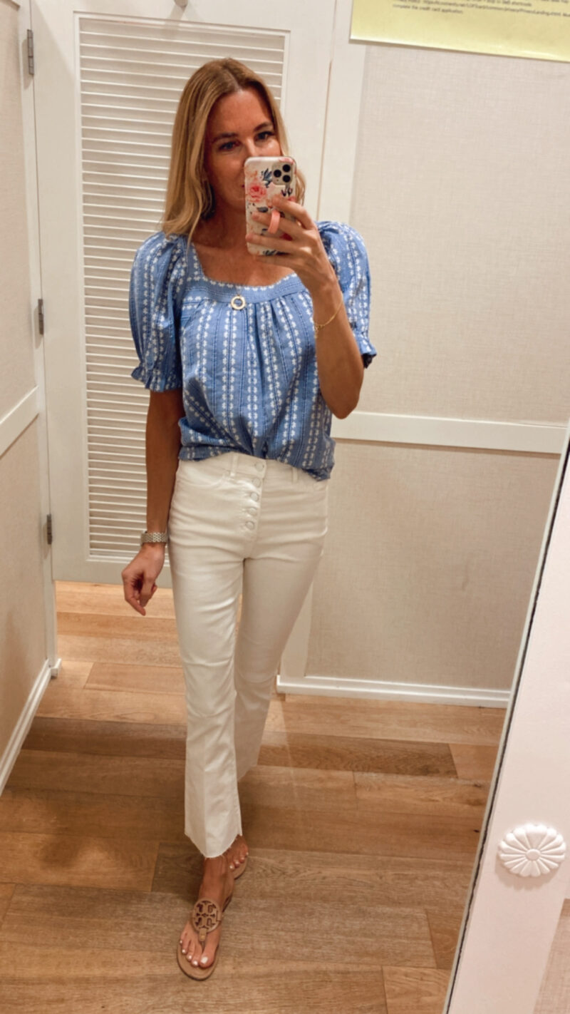 blue and white top