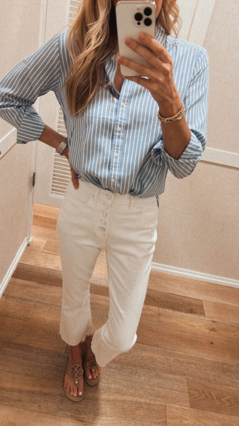 blue and white button down