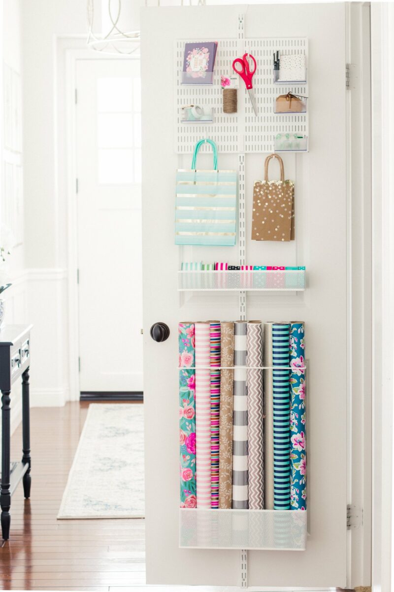 My new pantry shelves lined with wrapping paper from Michaels