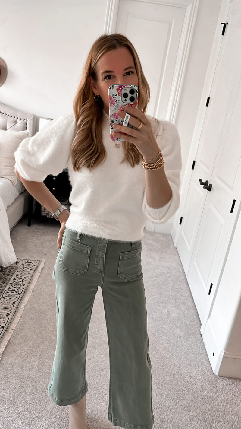 olive jeans ivory sweater